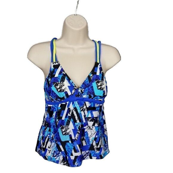 Small Blue Black Padded Swimming Tankini Strappy Back Bathing Suit Top Only - Picture 1 of 6